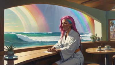 1girl,solo,long hair,blush,long sleeves,sitting,closed mouth,pink hair,multicolored hair,food,japanese clothes,sky,day,cloud,indoors,dark skin,wide sleeves,kimono,water,two-tone hair,cup,lips,window,bird,ocean,chair,table,own hands together,plant,web address,plate,teacup,cake,robe,mountain,nose,potted plant,tea,rainbow,waterfall,painting (object),white robe,rainbow hair,bangs,alternate costume,from side,photo (object),saucer,waves,picture (object)