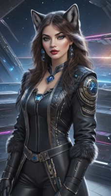 1girl,solo,long hair,breasts,looking at viewer,brown hair,gloves,animal ears,cleavage,brown eyes,jewelry,medium breasts,standing,jacket,cowboy shot,earrings,open clothes,choker,black gloves,belt,pants,cat ears,lips,coat,fur trim,makeup,black pants,lipstick,gem,science fiction,red lips,space,bangs,black hair,parted lips,signature,mole,black jacket,parted bangs,bodysuit,wolf ears,star (sky),mole under mouth,eyeshadow,starry sky,backlighting,black coat,realistic,nose,black bodysuit