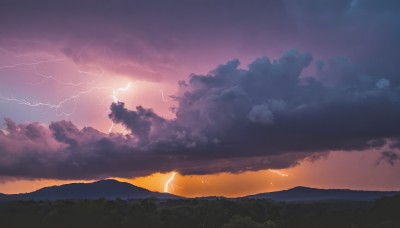 outdoors,sky,cloud,tree,no humans,cloudy sky,grass,nature,scenery,forest,sunset,mountain,electricity,lightning,landscape,mountainous horizon,hill,horizon,twilight,evening,gradient sky