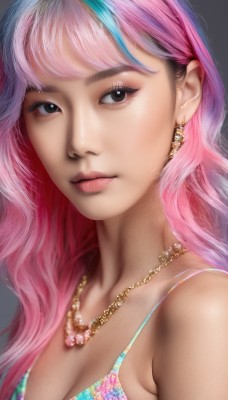 1girl,solo,long hair,breasts,looking at viewer,bangs,simple background,cleavage,bare shoulders,jewelry,medium breasts,blue hair,collarbone,swimsuit,upper body,pink hair,bikini,multicolored hair,earrings,parted lips,grey background,necklace,black eyes,two-tone hair,lips,streaked hair,eyelashes,makeup,eyeshadow,realistic,nose,eyeliner,mascara,brown eyes,closed mouth,wavy hair,portrait,close-up