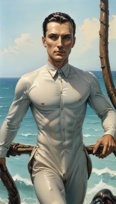 solo,looking at viewer,short hair,blue eyes,shirt,black hair,long sleeves,1boy,holding,nipples,white shirt,weapon,male focus,outdoors,parted lips,sky,day,collared shirt,pants,cloud,water,blue sky,lips,wet,muscular,buttons,ocean,beach,abs,pectorals,muscular male,wet clothes,bara,skin tight,realistic,white pants,horizon,manly,waves,closed mouth,covered nipples,see-through,bodysuit,expressionless