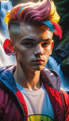 1girl,solo,looking at viewer,short hair,blue eyes,blonde hair,shirt,1boy,jewelry,blue hair,jacket,white shirt,upper body,pink hair,male focus,multicolored hair,earrings,parted lips,open clothes,artist name,water,blurry,two-tone hair,open jacket,lips,makeup,blurry background,piercing,ear piercing,red jacket,freckles,realistic,nose,undercut,waterfall,rainbow hair,orange hair,t-shirt,portrait,zipper,mohawk