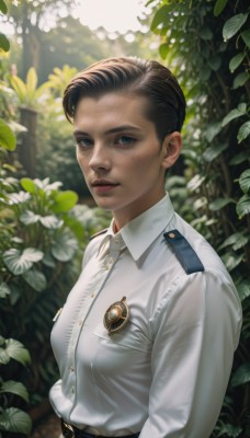 1girl,solo,breasts,looking at viewer,short hair,blue eyes,brown hair,shirt,black hair,long sleeves,medium breasts,closed mouth,white shirt,upper body,flower,outdoors,parted lips,day,collared shirt,belt,mole,blurry,uniform,lips,mole under eye,buttons,blurry background,leaf,sunlight,nature,freckles,realistic,nose,very short hair,badge,police,police uniform,policewoman,medal,military,military uniform,plant,genderswap,genderswap (mtf),epaulettes,garden