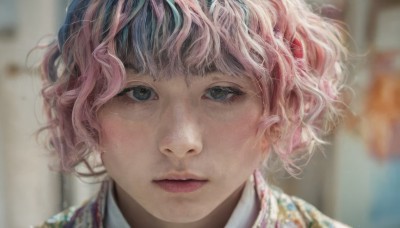 1girl,solo,looking at viewer,short hair,bangs,blue eyes,closed mouth,pink hair,multicolored hair,blurry,black eyes,lips,depth of field,blurry background,portrait,close-up,curly hair,realistic,nose,straight-on,black hair,eyelashes,wavy hair,expressionless