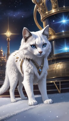 solo,looking at viewer,blue eyes,jewelry,full body,outdoors,sky,necklace,no humans,sparkle,night,animal,cat,gem,star (sky),night sky,starry sky,stairs,animal focus,white fur,lamppost,blue gemstone,standing,crown,building,pendant