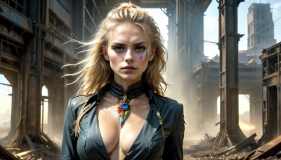 HQ,1girl,solo,long hair,breasts,looking at viewer,blue eyes,blonde hair,large breasts,cleavage,jewelry,medium breasts,collarbone,upper body,outdoors,parted lips,sky,day,necklace,lips,bodysuit,makeup,facial mark,sunlight,lipstick,brooch,wind,building,gem,forehead,realistic,nose,center opening,ruins,dirty,mascara,dirty face,no bra,breasts apart