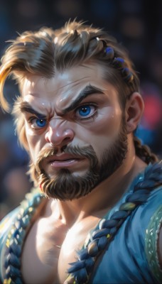 solo,looking at viewer,short hair,blue eyes,blonde hair,brown hair,1boy,jewelry,upper body,braid,male focus,blurry,lips,muscular,blurry background,facial hair,scar,thick eyebrows,pectorals,muscular male,portrait,bara,beard,scar on face,close-up,mature male,mustache,scar across eye,old,chest hair,old man,pectoral cleavage,wrinkled skin,long hair,closed mouth,blue shirt,backlighting,realistic,nose