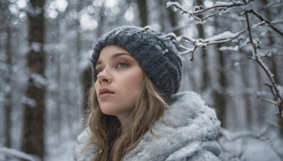 1girl, solo, long hair, looking at viewer, blue eyes, blonde hair, hat, outdoors, parted lips, hood, blurry, tree, lips, coat, fur trim, nature, snow, freckles, snowing, realistic, beanie, winter clothes, winter, bare tree