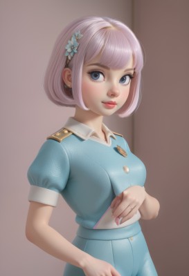 1girl,solo,breasts,looking at viewer,blush,smile,short hair,bangs,blue eyes,shirt,hair ornament,holding,jewelry,medium breasts,closed mouth,standing,pink hair,flower,short sleeves,cowboy shot,hairband,earrings,puffy sleeves,collared shirt,pants,artist name,hair flower,nail polish,uniform,puffy short sleeves,lips,fingernails,eyelashes,makeup,buttons,bob cut,blue shirt,wing collar,lipstick,pink nails,freckles,brown background,blue flower,nose,blue pants,red lips,stud earrings,simple background,upper body,blunt bangs,light purple hair,long fingernails,pink lips,realistic,hand on own stomach,mascara