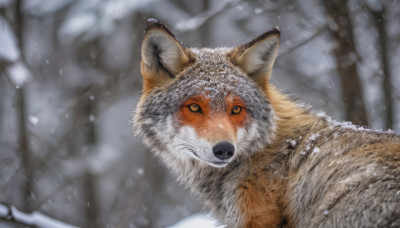 solo, looking at viewer, outdoors, blurry, tree, no humans, blurry background, animal, snow, dog, snowing, realistic, animal focus, winter, bare tree, fox