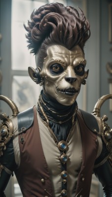 solo,looking at viewer,brown hair,shirt,1boy,brown eyes,jewelry,upper body,male focus,earrings,teeth,indoors,necklace,blurry,vest,mask,blurry background,piercing,cyborg,brown vest,steampunk,short hair,buttons,gem,colored sclera,curly hair,stitches,gears,horror (theme)