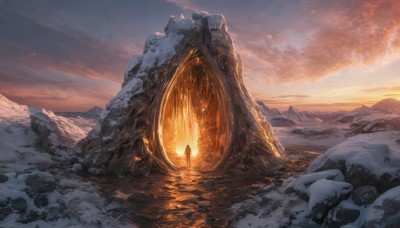 solo,1boy,standing,outdoors,sky,cloud,from behind,cloudy sky,fire,scenery,snow,1other,sunset,rock,mountain,fantasy,sun,mountainous horizon,ambiguous gender,molten rock,hood,ice,ruins,wide shot,orange sky