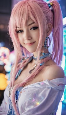 1girl,solo,long hair,breasts,looking at viewer,smile,bangs,shirt,hair ornament,cleavage,bare shoulders,twintails,brown eyes,jewelry,medium breasts,closed mouth,white shirt,upper body,pink hair,sidelocks,earrings,choker,artist name,necklace,off shoulder,blurry,black eyes,lips,eyelashes,makeup,depth of field,blurry background,hoop earrings,realistic,nose,off-shoulder shirt,dress