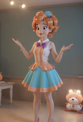 1girl,solo,breasts,looking at viewer,smile,short hair,open mouth,skirt,brown hair,shirt,hair ornament,bow,bare shoulders,brown eyes,jewelry,standing,full body,hair bow,pleated skirt,hairband,earrings,small breasts,shoes,teeth,sleeveless,artist name,indoors,bowtie,nail polish,orange hair,high heels,bracelet,lips,blue skirt,see-through,sleeveless shirt,makeup,watermark,stuffed toy,stuffed animal,lipstick,red footwear,desk,purple bow,teddy bear,red lips,classroom,chalkboard,bear,pantyhose,hands up,table,red nails,personification,orange footwear