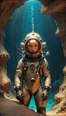 1girl,solo,looking at viewer,blonde hair,gloves,1boy,male focus,water,bodysuit,facial hair,helmet,science fiction,bubble,light rays,underwater,realistic,air bubble,spacesuit,astronaut,brown hair,brown eyes,rock,planet