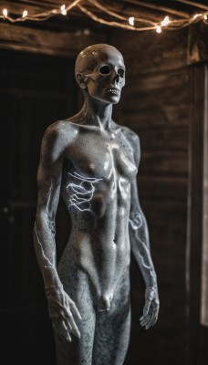 solo,1boy,navel,nipples,standing,male focus,nude,cowboy shot,penis,indoors,completely nude,mask,colored skin,testicles,arms at sides,grey skin,alien,flaccid,horror (theme),censored,skull,realistic,bald,ribs,skeleton,statue,fine art parody