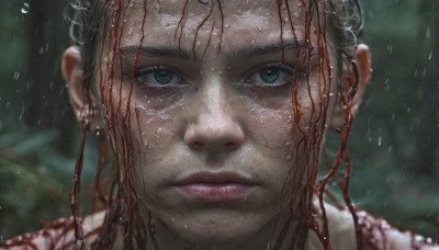 1girl, solo, looking at viewer, short hair, jewelry, closed mouth, green eyes, earrings, blurry, lips, blood, blurry background, portrait, close-up, rain, realistic, nose