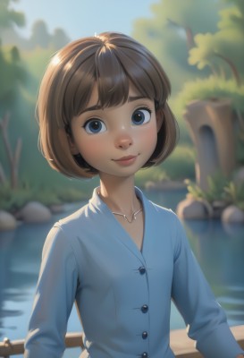 1girl,solo,looking at viewer,smile,short hair,bangs,blue eyes,brown hair,shirt,long sleeves,jewelry,closed mouth,collarbone,white shirt,upper body,outdoors,day,collared shirt,water,necklace,blurry,tree,lips,buttons,depth of field,blurry background,bob cut,blue shirt,freckles,nose,railing,river,lake,blush,sky,makeup,thick eyebrows