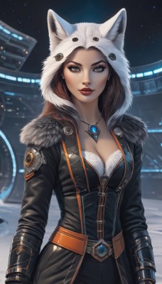 1girl,solo,long hair,breasts,looking at viewer,brown hair,gloves,long sleeves,animal ears,cleavage,brown eyes,jewelry,medium breasts,standing,cowboy shot,outdoors,belt,pants,artist name,hood,necklace,lips,coat,fur trim,eyelashes,makeup,night,lipstick,brooch,gauntlets,gem,pendant,eyeshadow,animal hood,nose,red lips,eyeliner,leather,parka,closed mouth,earrings,signature,grey eyes,bodysuit,thick eyebrows,hood up,realistic,black bodysuit,cat hood,pelt