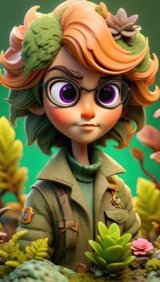 1girl,solo,looking at viewer,blush,short hair,hair ornament,purple eyes,jacket,upper body,flower,multicolored hair,green hair,glasses,artist name,hair flower,orange hair,blurry,sweater,turtleneck,leaf,watermark,plant,web address,freckles,green background,black-framed eyewear,badge,brown hair,two-tone hair,lips,military,military uniform,pocket,leaf on head