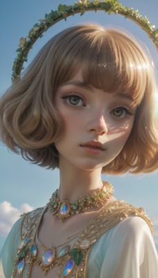 1girl,solo,looking at viewer,short hair,bangs,blonde hair,brown hair,dress,brown eyes,jewelry,collarbone,upper body,outdoors,parted lips,sky,teeth,choker,day,artist name,cloud,necklace,blue sky,lips,see-through,eyelashes,sunlight,bob cut,gem,portrait,freckles,realistic,nose,head wreath,flower,blunt bangs,plant,vines