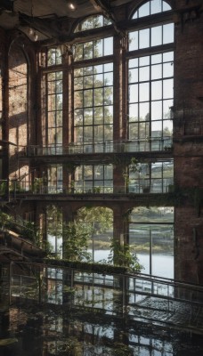 outdoors,sky,day,indoors,water,tree,no humans,window,sunlight,plant,building,scenery,reflection,ruins,bridge,moss,overgrown,post-apocalypse,broken window,artist name,signature,ceiling