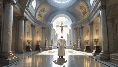 solo,short hair,black hair,gloves,long sleeves,1boy,hat,standing,male focus,sky,day,pants,indoors,from behind,window,shadow,cross,plant,scenery,reflection,walking,robe,facing away,candle,wide shot,pillar,statue,church,arch,candlestand,reflective floor,chandelier,column,1girl,holding,flower,boots,multiple boys,cloud,2boys,black footwear,blue sky,coat,book,halo,table,sunlight,fire,light rays,wooden floor,paper,stairs,angel,clock,potted plant,architecture,book stack,vase,painting (object),white robe