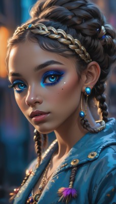 1girl,solo,long hair,looking at viewer,smile,blue eyes,brown hair,black hair,hair ornament,jewelry,upper body,braid,earrings,parted lips,artist name,signature,dark skin,necklace,mole,blurry,twin braids,dark-skinned female,lips,eyelashes,mole under eye,makeup,depth of field,blurry background,lipstick,gem,portrait,close-up,eyeshadow,freckles,nose,red lips,eyeliner,hair pulled back,blue gemstone,mascara,multiple braids,mole on cheek,multicolored hair,from side,two-tone hair,thick eyebrows,feathers,forehead,backlighting,realistic,gold,dreadlocks