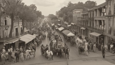 multiple girls,monochrome,greyscale,outdoors,japanese clothes,multiple boys,tree,6+girls,building,scenery,6+boys,flag,road,riding,architecture,house,east asian architecture,horse,crowd,banner,horseback riding,hat,walking,sepia,street