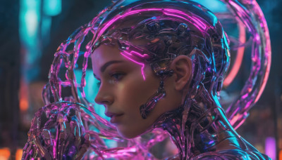 1girl, solo, parted lips, dark skin, blurry, from side, dark-skinned female, lips, profile, blurry background, portrait, science fiction, realistic, nose, cyborg, cyberpunk, hologram