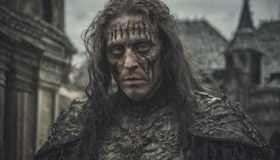 solo,long hair,looking at viewer,brown hair,black hair,1boy,closed mouth,upper body,male focus,outdoors,armor,blurry,black eyes,grey eyes,blurry background,facial hair,scar,crown,shoulder armor,building,portrait,pauldrons,breastplate,chainmail,sky,cloudy sky,beard,realistic,facepaint,grey sky