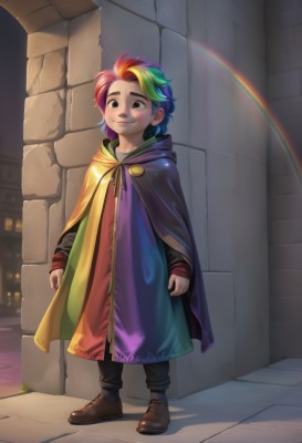 1girl,solo,looking at viewer,smile,short hair,1boy,brown eyes,closed mouth,standing,full body,purple hair,male focus,multicolored hair,green hair,shoes,artist name,cape,black eyes,two-tone hair,night,brown footwear,child,cloak,androgynous,personification,robe,male child,rainbow,rainbow gradient,rainbow hair,blonde hair,blue hair,red hair