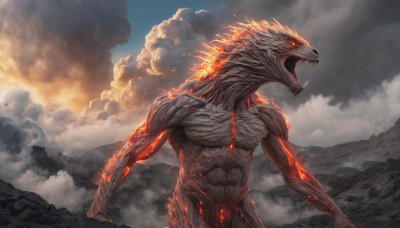 solo, open mouth, red eyes, outdoors, sky, teeth, cloud, no humans, glowing, cloudy sky, fire, sharp teeth, glowing eyes, smoke, monster, mountain, molten rock, kaijuu