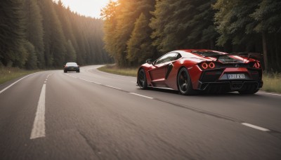 outdoors,day,tree,no humans,sunlight,ground vehicle,nature,scenery,motor vehicle,forest,light rays,car,road,bush,vehicle focus,sports car,sky,grass