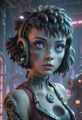 1girl,solo,breasts,looking at viewer,short hair,brown hair,black hair,cleavage,bare shoulders,purple eyes,upper body,small breasts,parted lips,teeth,choker,artist name,dark skin,blurry,dark-skinned female,lips,eyelashes,tattoo,makeup,blurry background,colored skin,headphones,watermark,robot,lipstick,science fiction,nose,android,cable,cyborg,robot joints,very dark skin,cyberpunk,mechanical parts,steampunk,jewelry,medium breasts,collarbone,earrings,sleeveless,signature,mole,glowing,facial mark,piercing,messy hair,portrait,web address,eyeshadow,freckles,curly hair,asymmetrical hair,realistic,facepaint,eyebrow piercing