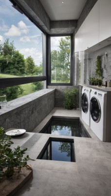 outdoors,sky,day,cloud,indoors,tree,blue sky,no humans,window,table,cloudy sky,grass,plant,scenery,plate,door,potted plant,bush,sink,washing machine,building,stairs,laundry