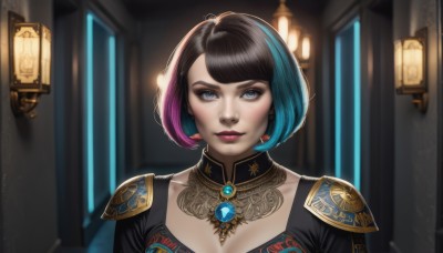 1girl,solo,breasts,looking at viewer,smile,short hair,bangs,blue eyes,black hair,cleavage,jewelry,medium breasts,blue hair,upper body,pink hair,multicolored hair,earrings,parted lips,indoors,two-tone hair,lips,streaked hair,makeup,detached collar,swept bangs,bob cut,lipstick,brooch,shoulder armor,gem,portrait,lantern,red lips,straight-on,closed mouth,collarbone,purple hair,blurry,eyelashes,eyeshadow,realistic,nose,eyeliner,mascara