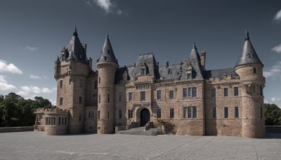 outdoors,sky,day,cloud,tree,blue sky,no humans,window,cloudy sky,building,scenery,road,castle,tower,arch,fantasy,bush,architecture,church