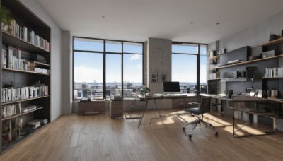 sky,day,cloud,indoors,tree,cup,blue sky,book,no humans,window,shadow,chair,table,sunlight,bottle,plant,curtains,building,scenery,desk,wooden floor,city,bookshelf,potted plant,lamp,cityscape,computer,monitor,shelf,kitchen,cabinet,laptop,office chair,office