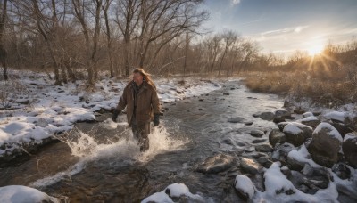 solo,blonde hair,brown hair,gloves,long sleeves,1boy,hat,standing,jacket,male focus,outdoors,sky,day,black gloves,pants,cloud,water,scarf,tree,coat,facial hair,sunlight,nature,scenery,snow,forest,walking,rock,mountain,sun,winter clothes,winter,brown coat,bare tree,river,footprints,sunset,brown jacket,snowing,bald,landscape,sunrise,stream