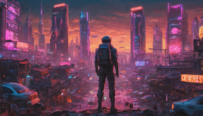 1boy, standing, male focus, outdoors, sky, cloud, from behind, backpack, helmet, ground vehicle, building, scenery, motor vehicle, science fiction, sunset, city, car, cityscape, skyscraper, dusk, cyberpunk, neon lights