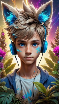 solo,looking at viewer,bangs,blue eyes,blonde hair,brown hair,shirt,1boy,animal ears,closed mouth,collarbone,jacket,white shirt,upper body,flower,male focus,open clothes,artist name,cat ears,signature,lips,fox ears,eyelashes,glowing,headphones,leaf,watermark,facial mark,plant,portrait,web address,freckles,nose,electricity,short hair,hood,wolf ears,male child,constellation