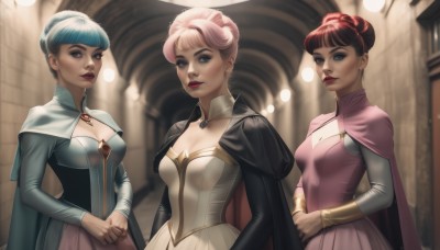 breasts,looking at viewer,short hair,bangs,blue eyes,multiple girls,long sleeves,dress,cleavage,jewelry,medium breasts,blue hair,upper body,pink hair,braid,red hair,puffy sleeves,artist name,3girls,blunt bangs,hair bun,cape,blurry,lips,makeup,capelet,blurry background,siblings,single hair bun,own hands together,lipstick,juliet sleeves,sisters,pink dress,red lips,crown braid,smile,brown hair,brown eyes,small breasts,parted lips,indoors,necklace,white dress,mole,mole under eye,gem,corset,realistic