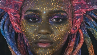 1girl,solo,looking at viewer,simple background,brown eyes,closed mouth,parted lips,dark skin,black eyes,lips,makeup,colored skin,black background,portrait,tentacles,close-up,realistic,1boy,male focus,teeth,eyelashes,eyeshadow