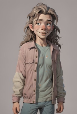 1girl,solo,long hair,looking at viewer,blush,smile,blue eyes,simple background,brown hair,shirt,long sleeves,standing,jacket,cowboy shot,parted lips,open clothes,teeth,pants,grey background,open jacket,lips,looking to the side,buttons,thick eyebrows,denim,clenched hands,freckles,jeans,realistic,arms at sides,unbuttoned,dirty,open mouth,1boy,white background,male focus,green shirt