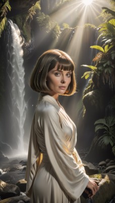 1girl,solo,breasts,looking at viewer,smile,short hair,bangs,brown hair,long sleeves,holding,brown eyes,standing,cowboy shot,outdoors,day,wide sleeves,blunt bangs,water,from side,tree,lips,leaf,sunlight,bob cut,plant,nature,robe,light rays,rock,realistic,nose,sunbeam,waterfall,white robe,japanese clothes,forest