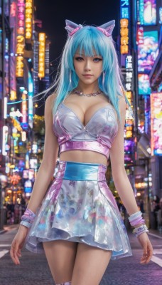 1girl,solo,long hair,breasts,looking at viewer,bangs,blue eyes,skirt,large breasts,thighhighs,animal ears,cleavage,bare shoulders,jewelry,medium breasts,closed mouth,blue hair,standing,cowboy shot,outdoors,midriff,artist name,cat ears,miniskirt,necklace,blurry,bracelet,lips,crop top,aqua hair,night,blurry background,fake animal ears,building,wristband,city,realistic,earrings,shiny,signature,blue skirt,see-through,watermark,beads,high-waist skirt,arms at sides,road,cityscape,bead necklace,street,skyscraper,city lights,cyberpunk,neon lights,see-through skirt