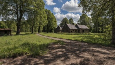 outdoors,sky,day,cloud,tree,blue sky,no humans,cloudy sky,grass,building,nature,scenery,forest,road,bush,house,path