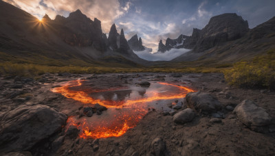 outdoors, sky, day, cloud, no humans, cloudy sky, grass, fire, scenery, sunset, rock, mountain, sun, landscape, molten rock