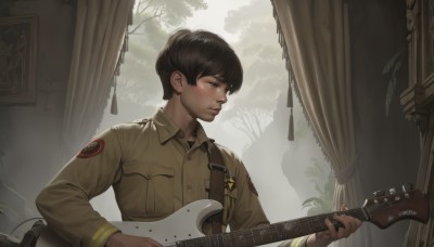 solo,short hair,brown hair,shirt,black hair,long sleeves,1boy,holding,brown eyes,closed mouth,upper body,male focus,collared shirt,indoors,uniform,tree,lips,military,window,military uniform,curtains,instrument,pocket,realistic,nose,music,guitar,breast pocket,brown shirt,playing instrument,holding instrument,acoustic guitar,blush,black eyes,looking to the side,emblem,leather,strap,electric guitar,paradis military uniform